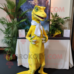 Yellow Coelophysis mascot costume character dressed with a Wrap Skirt and Pocket squares