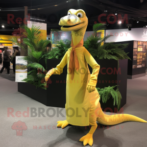 Yellow Coelophysis mascot costume character dressed with a Wrap Skirt and Pocket squares