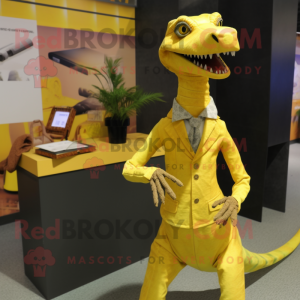 Yellow Coelophysis mascot costume character dressed with a Wrap Skirt and Pocket squares
