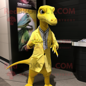 Yellow Coelophysis mascot costume character dressed with a Wrap Skirt and Pocket squares