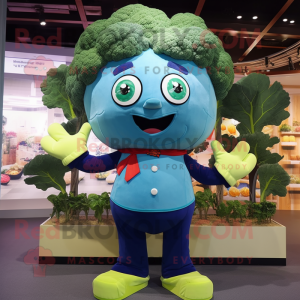 Sky Blue Broccoli mascot costume character dressed with a Jeans and Bow ties