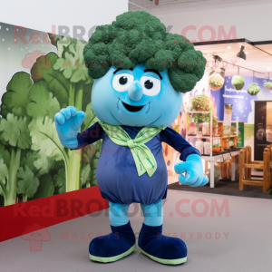 Sky Blue Broccoli mascot costume character dressed with a Jeans and Bow ties