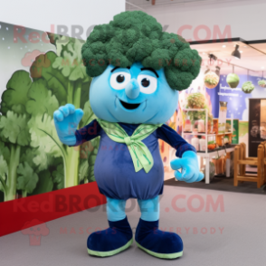 Sky Blue Broccoli mascot costume character dressed with a Jeans and Bow ties