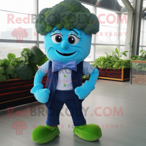 Sky Blue Broccoli mascot costume character dressed with a Jeans and Bow ties