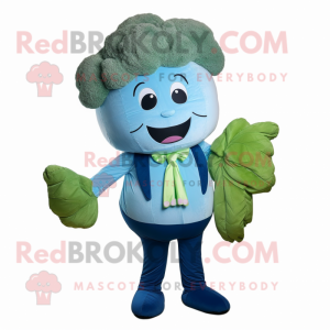 Sky Blue Broccoli mascot costume character dressed with a Jeans and Bow ties