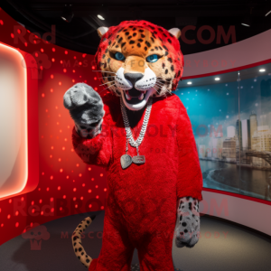 Red Jaguar mascot costume character dressed with a Jacket and Necklaces