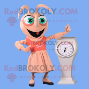 Tan Shrimp Scampi mascot costume character dressed with a Cocktail Dress and Digital watches