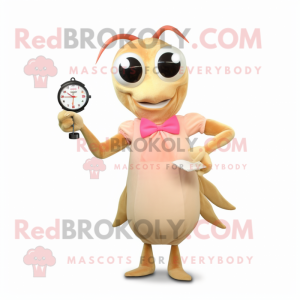 Tan Shrimp Scampi mascot costume character dressed with a Cocktail Dress and Digital watches