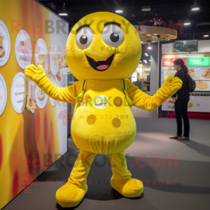 Yellow Falafel mascot costume character dressed with a Playsuit and Coin purses