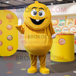 Yellow Falafel mascot costume character dressed with a Playsuit and Coin purses