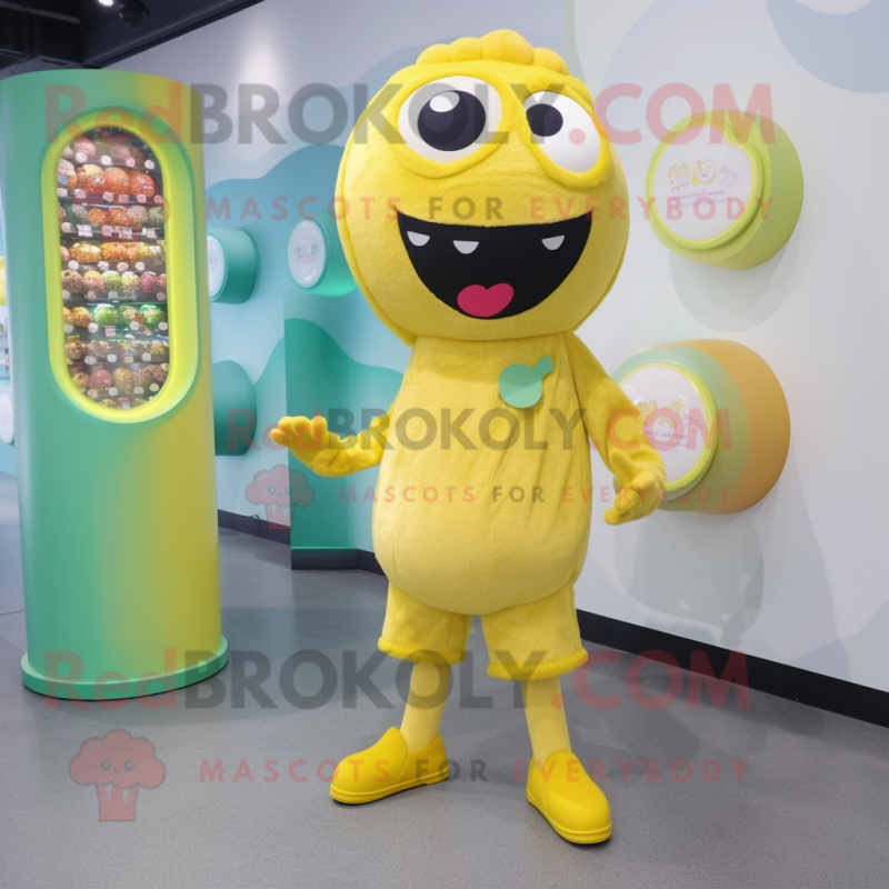 Yellow Falafel mascot costume character dressed with a Playsuit and Coin purses Yellow Falafel mascot costume character dressed with a Playsuit and Coin purses
