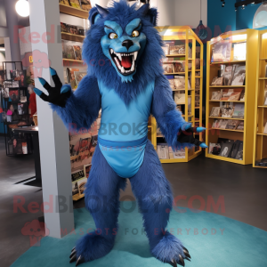 Blue Werewolf mascot costume character dressed with a Bodysuit and Shoe clips