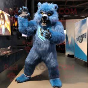 Blue Werewolf mascot costume character dressed with a Bodysuit and Shoe clips