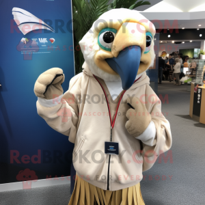 Beige Macaw mascot costume character dressed with a Hoodie and Tie pins