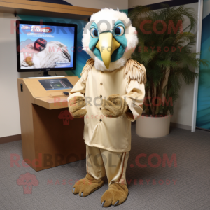 Beige Macaw mascot costume character dressed with a Hoodie and Tie pins