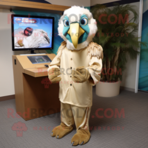 Beige Macaw mascot costume character dressed with a Hoodie and Tie pins