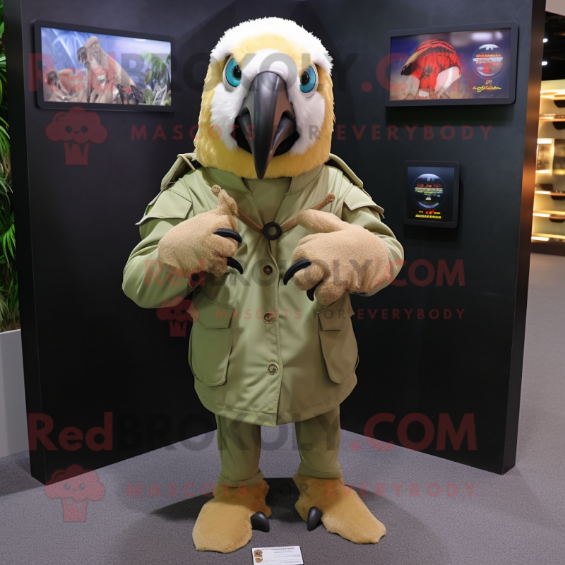 Beige Macaw mascot costume character dressed with a Hoodie and Tie pins