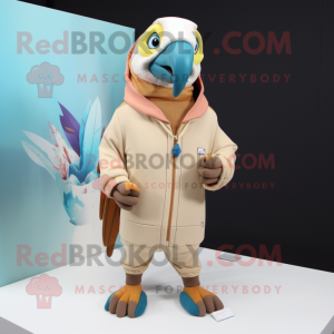 Beige Macaw mascot costume character dressed with a Hoodie and Tie pins