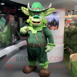 Green Minotaur mascot costume character dressed with a Dungarees and Hat pins