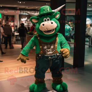 Green Minotaur mascot costume character dressed with a Dungarees and Hat pins