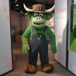 Green Minotaur mascot costume character dressed with a Dungarees and Hat pins