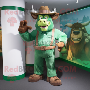 Green Minotaur mascot costume character dressed with a Dungarees and Hat pins