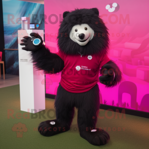 Magenta Sloth Bear mascot costume character dressed with a Polo Tee and Smartwatches