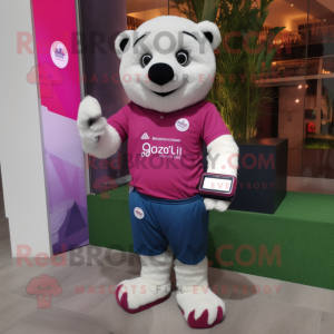 Magenta Sloth Bear mascot costume character dressed with a Polo Tee and Smartwatches