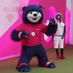 Magenta Sloth Bear mascot costume character dressed with a Polo Tee and Smartwatches