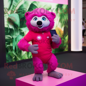 Magenta Sloth Bear mascot costume character dressed with a Polo Tee and Smartwatches