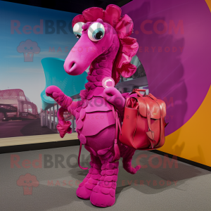 Magenta Sea Horse mascot costume character dressed with a Culottes and Handbags