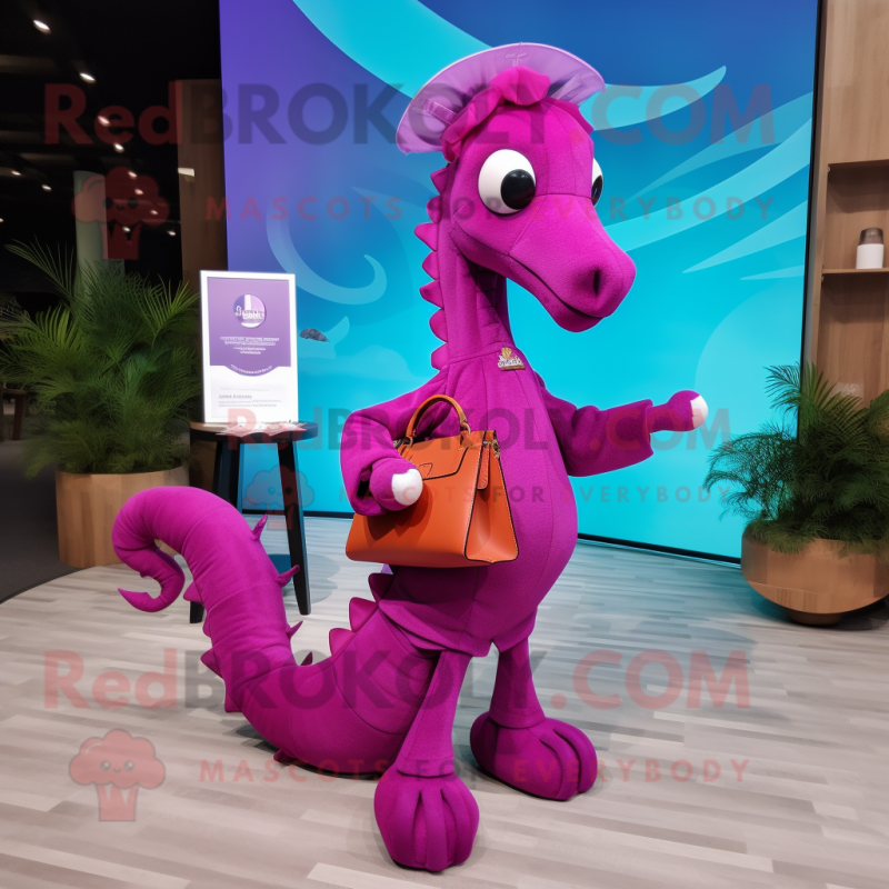 Magenta Sea Horse mascot costume character dressed with a Culottes and Handbags Magenta Sea Horse mascot costume character dressed with a Culottes and Handbags