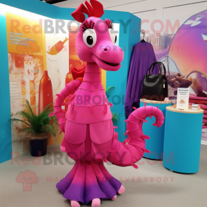Magenta Sea Horse mascot costume character dressed with a Culottes and Handbags