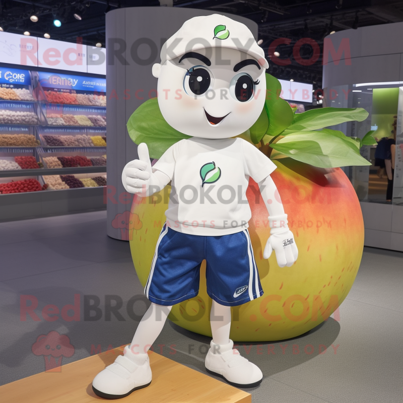 White Apple mascot costume character dressed with a Denim Shorts and Shoe laces