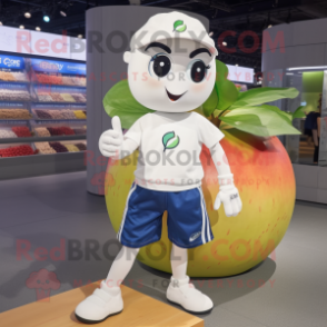 White Apple mascot costume character dressed with a Denim Shorts and Shoe laces