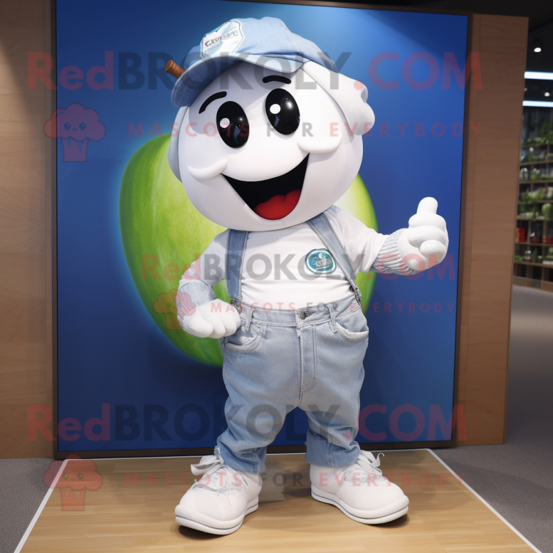 White Apple mascot costume character dressed with a Denim Shorts and Shoe laces