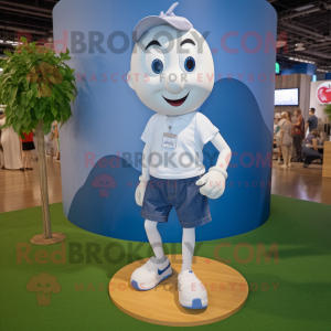 White Apple mascot costume character dressed with a Denim Shorts and Shoe laces