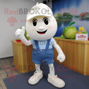 White Apple mascot costume character dressed with a Denim Shorts and Shoe laces