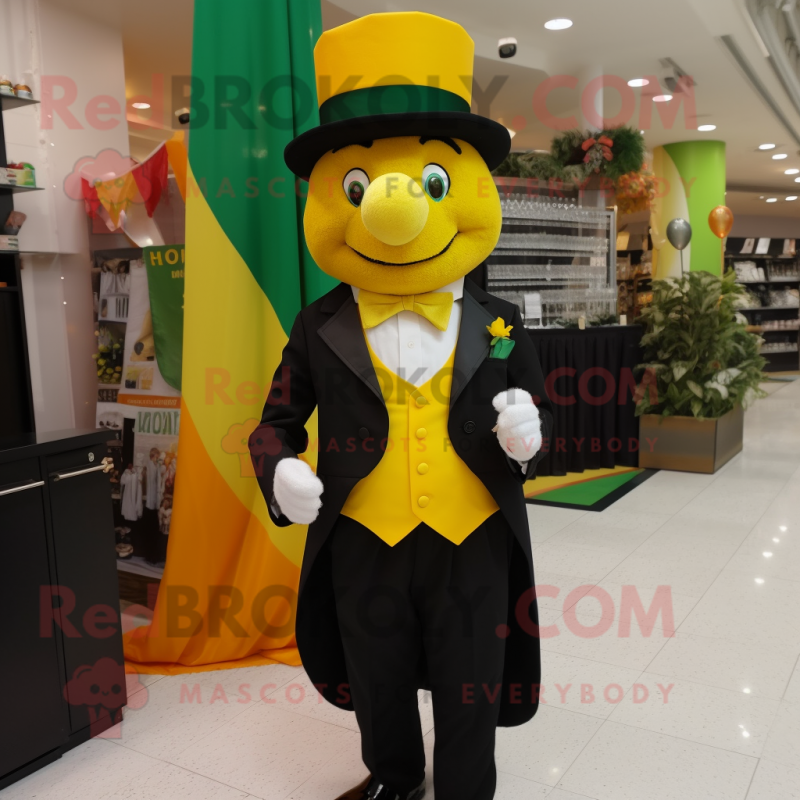Yellow Irish Flag mascot costume character dressed with a Tuxedo and Pocket squares Yellow Irish Flag mascot costume character dressed with a Tuxedo and Pocket squares