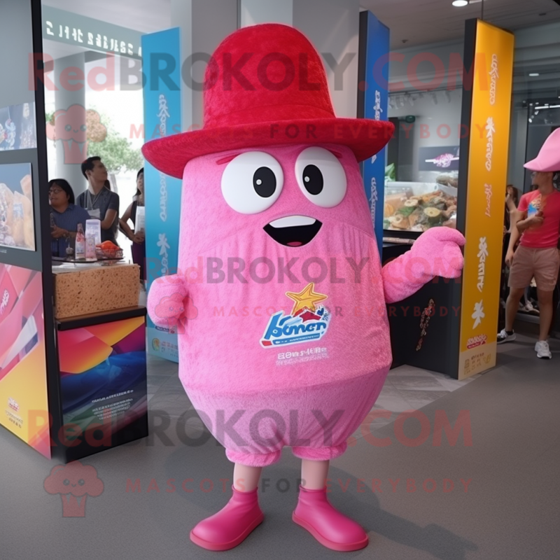 Pink Fried Rice mascot costume character dressed with a Board Shorts and Hats