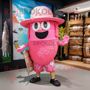 Pink Fried Rice mascot costume character dressed with a Board Shorts and Hats