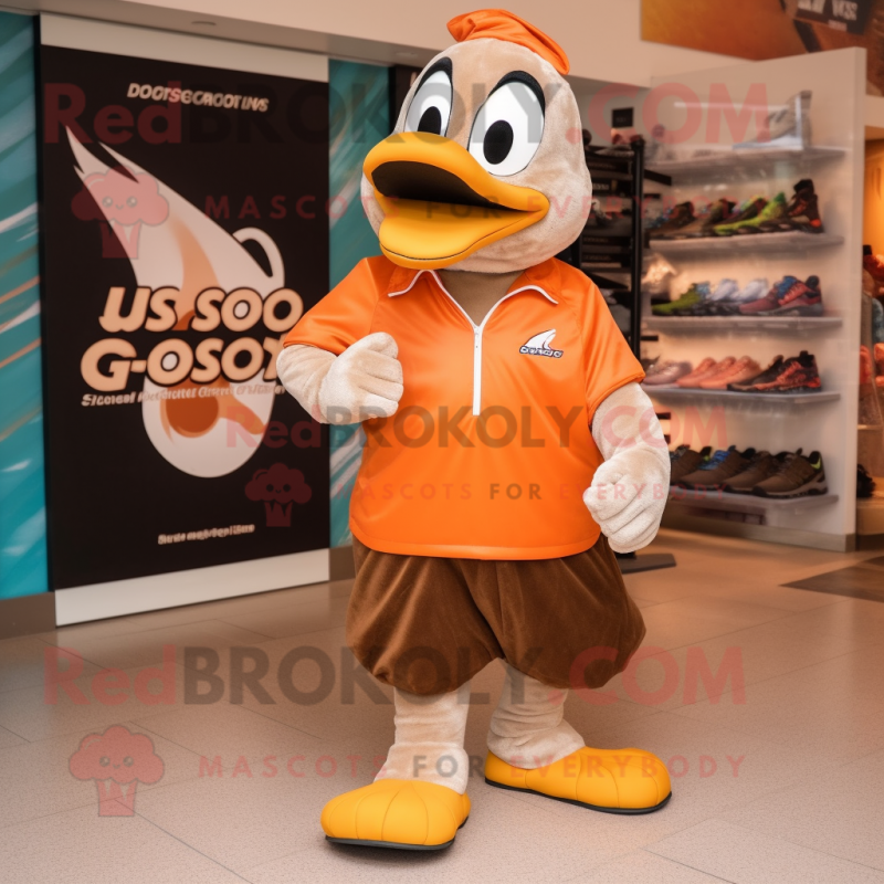 Brown Geese mascot costume character dressed with a T-Shirt and Shoe laces Brown Geese mascot costume character dressed with a T-Shirt and Shoe laces