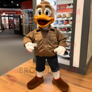 Brown Geese mascot costume character dressed with a T-Shirt and Shoe laces