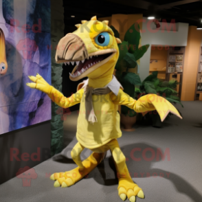 Yellow Dimorphodon mascot costume character dressed with a Blouse and Headbands