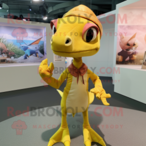 Yellow Dimorphodon mascot costume character dressed with a Blouse and Headbands