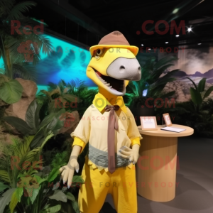 Yellow Dimorphodon mascot costume character dressed with a Blouse and Headbands