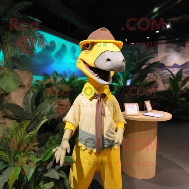 Yellow Dimorphodon mascot costume character dressed with a Blouse and Headbands Yellow Dimorphodon mascot costume character dressed with a Blouse and Headbands