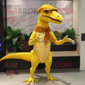Yellow Dimorphodon mascot costume character dressed with a Blouse and Headbands