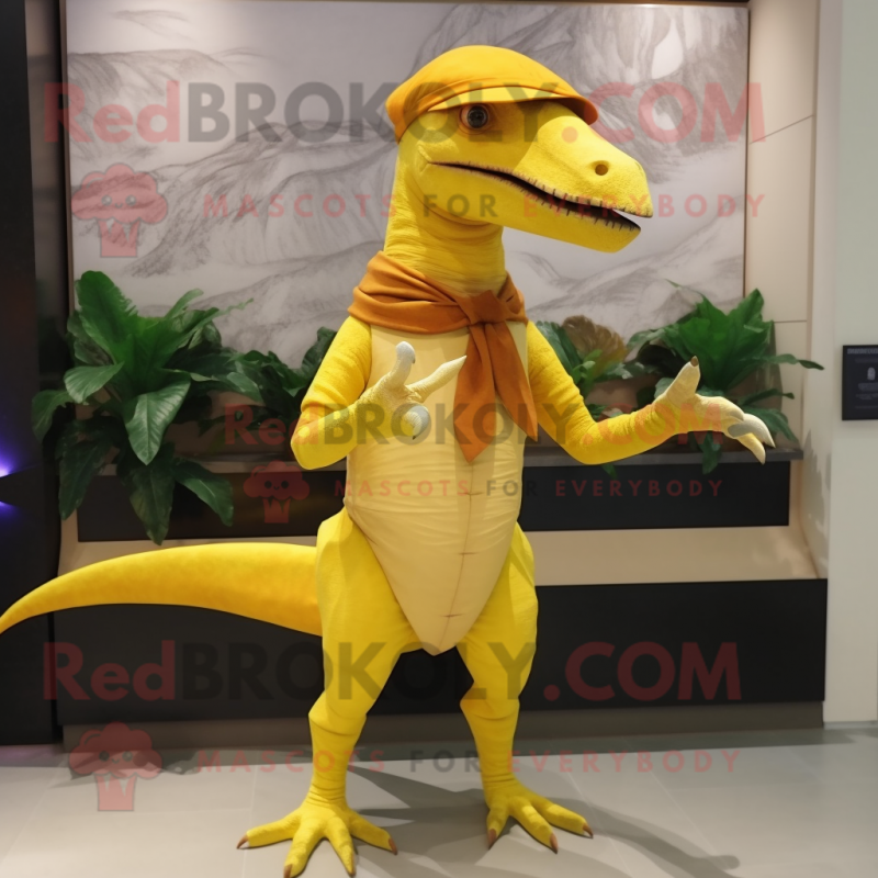 Yellow Dimorphodon mascot costume character dressed with a Blouse and Headbands