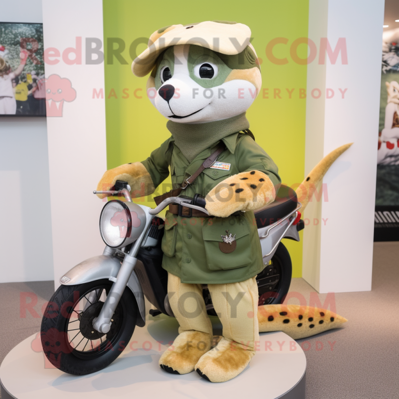 Olive Ermine mascot costume character dressed with a Moto Jacket and Berets